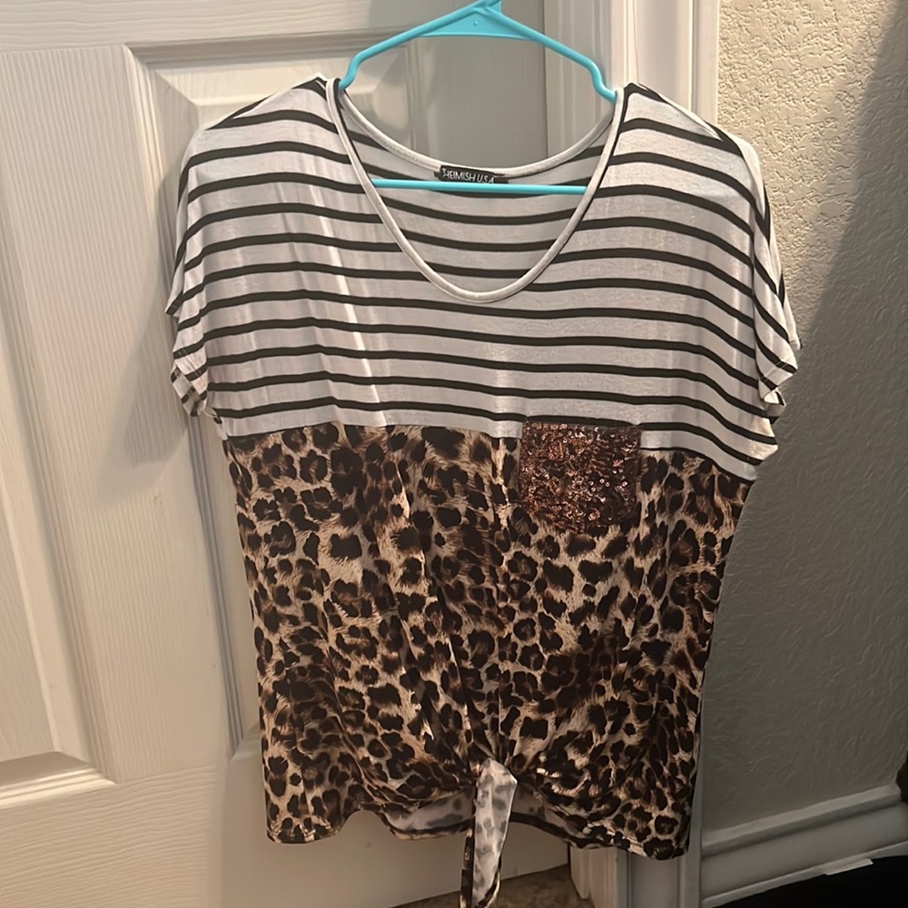 Heimish USA Striped and Leopard front tie shirt